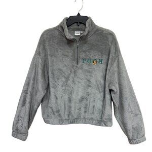 Disney Gray Pooh Fleece 1/4 zip Cropped shirt‎ elastic waist cuffs Size Medium